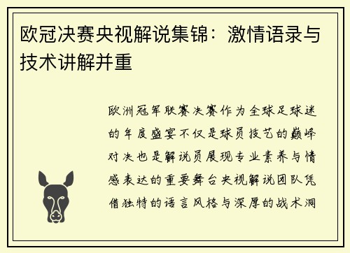 欧冠决赛央视解说集锦：激情语录与技术讲解并重