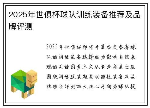 2025年世俱杯球队训练装备推荐及品牌评测